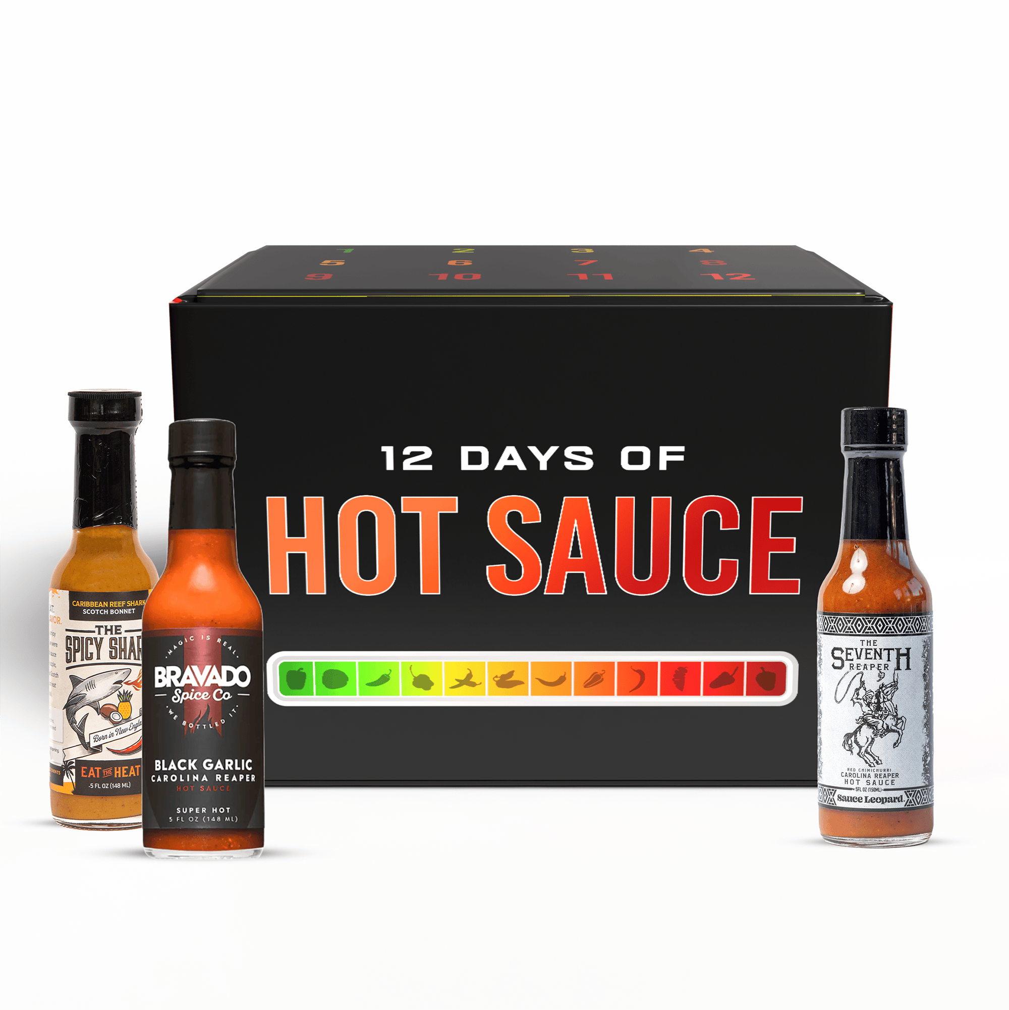 12 Days of Hot Sauce Advent Calendar with numbered doors and assorted hot sauce bottles